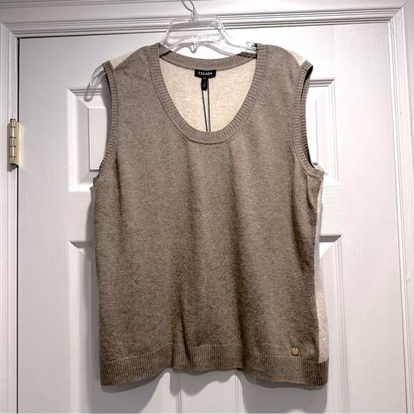 Escada Wool Blend Taupe Cream Sleeveless Sweater Vest XL Designer NWT Neutral - Picture 6 of 16